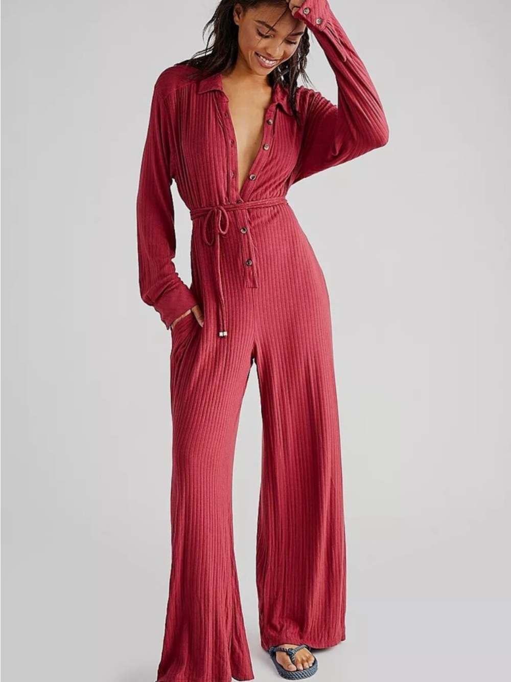Free People Elai Open Back Ribbed Knit Long Sleeve Wide Leg Jumpsuit - Size M